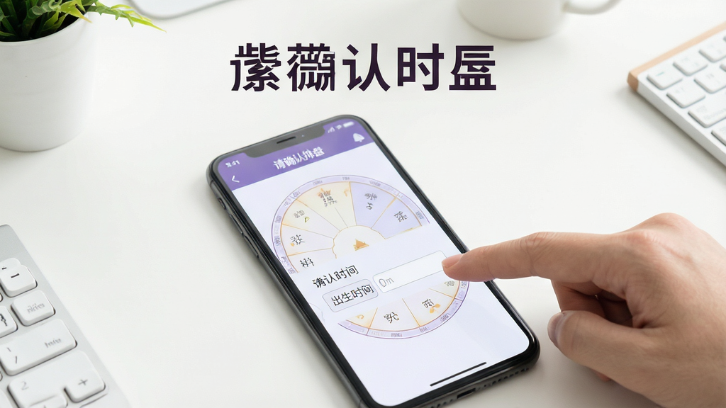 一张展示紫薇排盘新手操作要点的图片,画面中手机屏幕显示排盘界面,旁边有手指指向“出生时间”输入框,屏幕上方有提示文字“请确认时辰”,背景是简洁的桌面,风格清新明快,画质清晰,干净整洁,画面中文字为“紫薇排盘”。