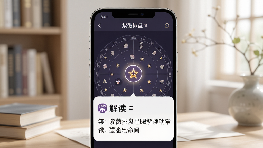 一张展示紫薇排盘星曜解读功能的图片,画面中手机屏幕显示命盘,一颗星曜被高亮选中,下方弹出解读卡片,卡片上有文字说明,背景是柔和的书房环境,风格清新雅致,画质清晰,干净整洁,画面中文字为“紫薇排盘”。