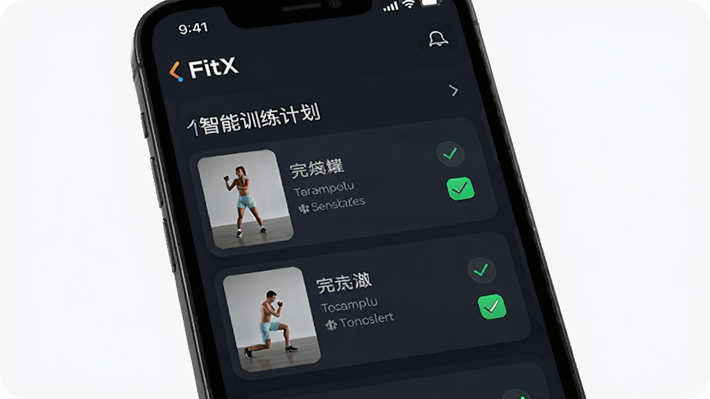 FitX����ѵ���ƻ����棬����Ϊ�ֻ���Ļչʾ���Ի�ѵ���ճ̱�������Ϊ���½ṹ���Ű����룬���Ƽ��У�ϸ�ڰ�����������ͼ�����״̬��ѡ�������������ɾ����޶���Ԫ��