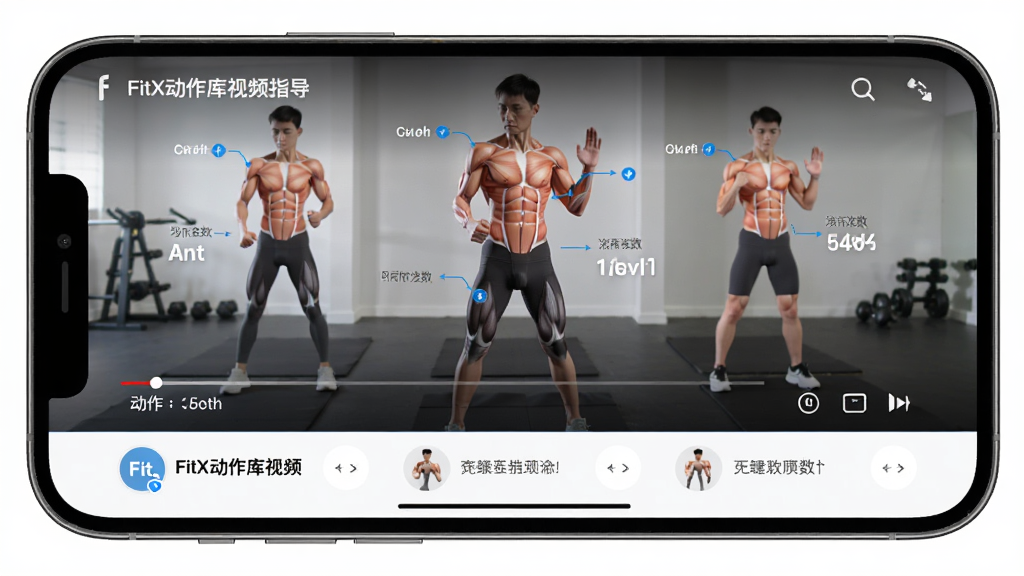 FitX��������Ƶָ�����棬����Ϊ�ֻ���Ļ���Ž���������ѧ��Ƶ������Ϊȫ�����������·������б����Ű�ֱ�ۣ�����˶�������ϸ�ڰ������ⲿλ��ע�������ʾ�������������ɾ����޶���Ԫ��