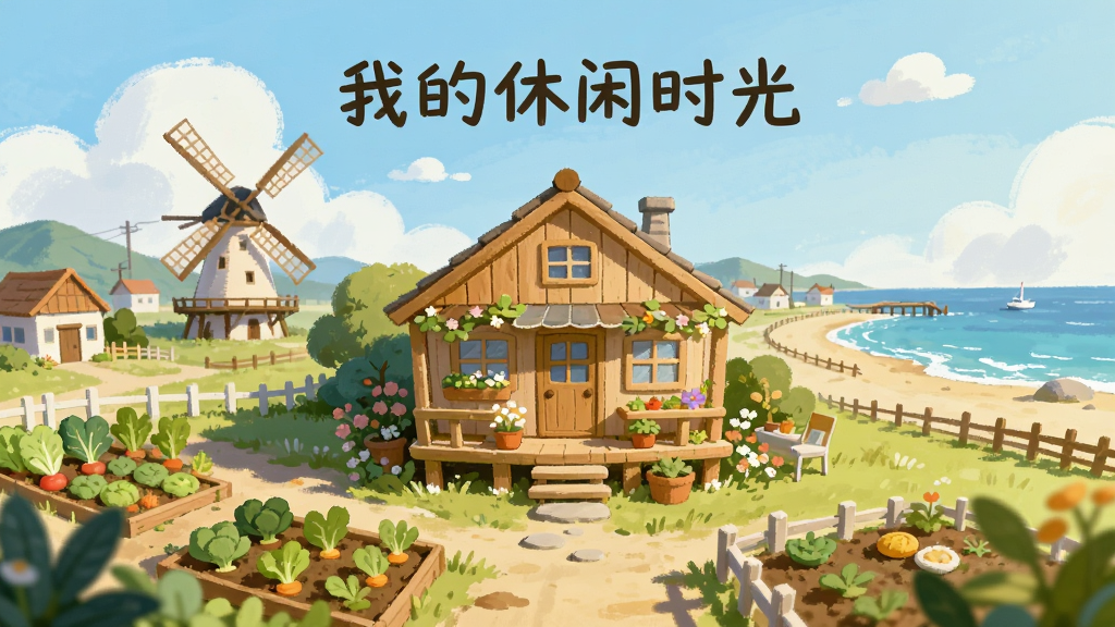 一个温馨的海滨小镇全景,画面中央是带有花园的木质小屋,周围有菜地、风车和蔚蓝海岸线,天空飘着几朵白云,整体采用柔和暖色调手绘风格,画面中带有
