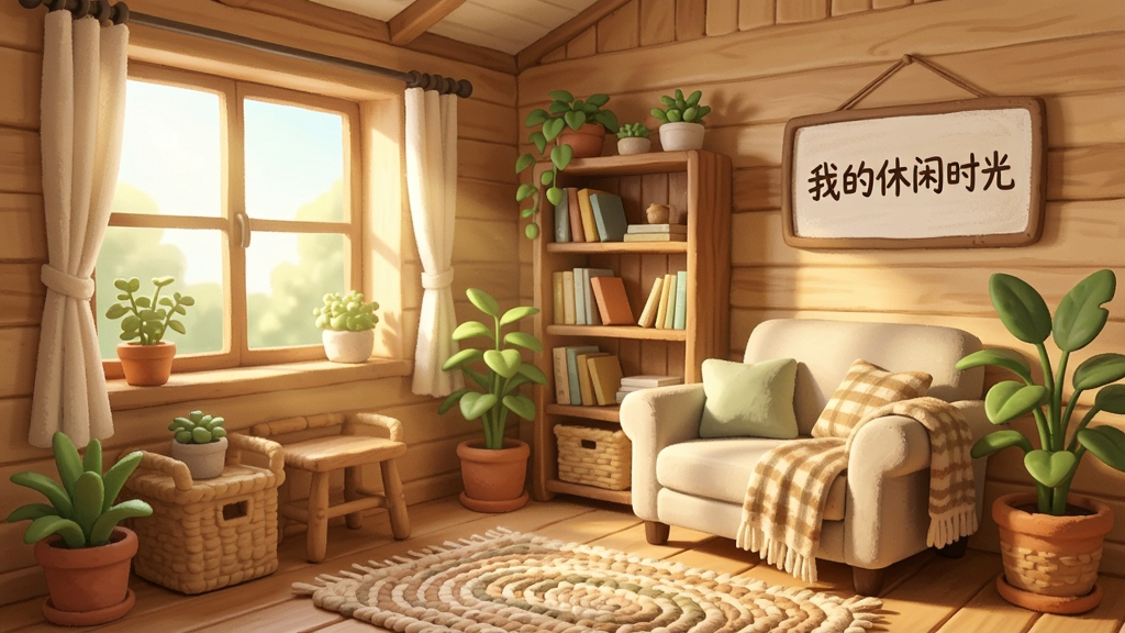 一间布置温馨的木质小屋内部,窗户透进温暖阳光,室内有布艺沙发、木质书架、绿植盆栽和手工编织地毯,墙上挂着