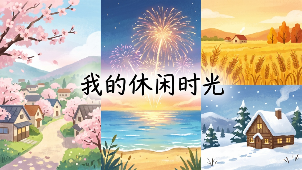 四季主题拼接画面,左侧是樱花盛开的春日小镇,中间是夏日海滨烟火,右侧是秋日丰收麦田和冬日雪景小屋,画面中央有