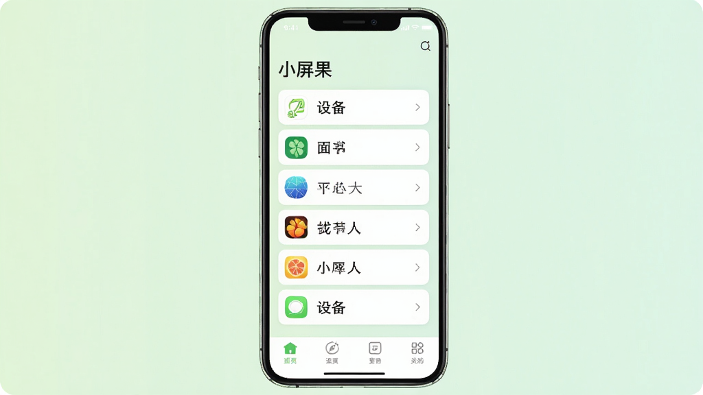 手机屏幕显示小屏果应用主界面,界面顶部是“小屏果”标题,中部是设备列表,底部是四个导航图标,布局为上下结构,风格为清新浅色UI设计图,细节上界面留白充足,图标线条细腻,背景为淡绿色,画质高清,干净,无多余元素