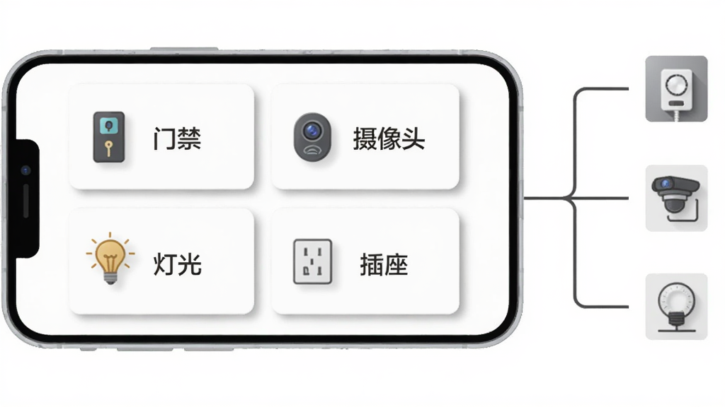 一部手机横向放置,屏幕内显示多个设备卡片排列,卡片上分别标注“门禁”“摄像头”“灯光”“插座”,手机右侧伸出线条连接对应的实体设备图标,布局采用左右分栏,风格为现代简约矢量图,细节上手机边框圆润,屏幕内卡片带有轻微阴影,背景为纯白色,画质清晰,干净,无多余元素