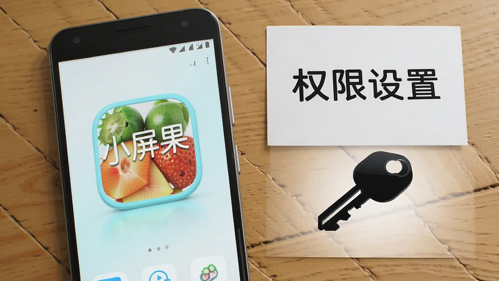 一部安卓手机放在桌面上,屏幕显示小屏果应用界面,手机旁边有一张写有“权限设置”的卡片和一把钥匙图标,布局采用左右结构,风格为写实摄影感插画,细节上手机屏幕内显示“小屏果”文字,背景为木质桌面,画质高清,干净,无多余元素