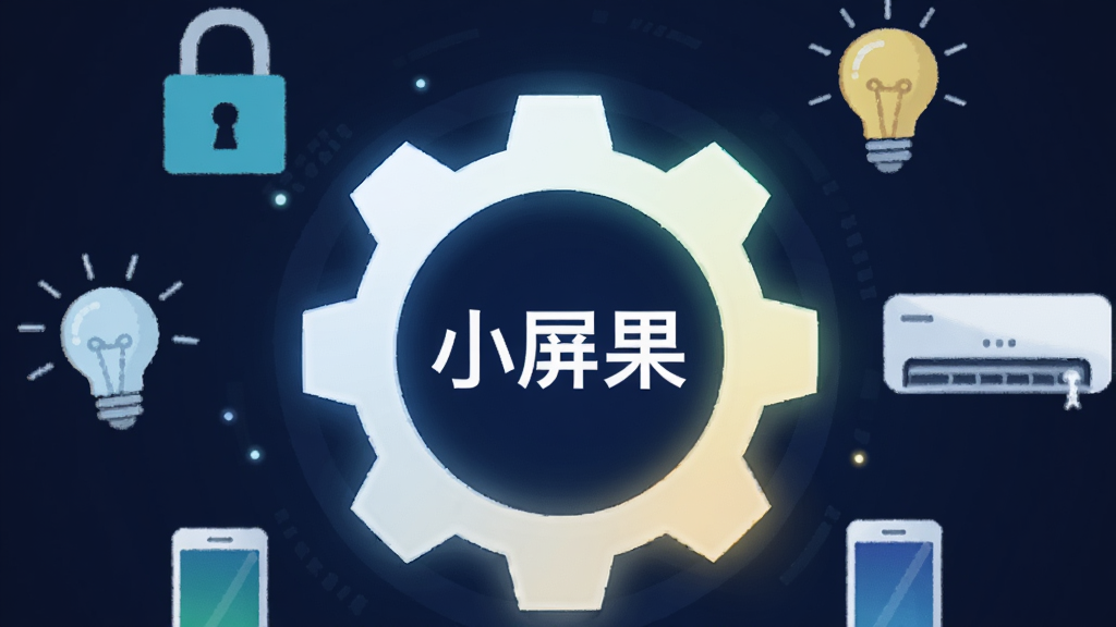 画面中央是一个发光的齿轮图标,齿轮周围环绕着门锁、灯泡、空调、手机等图标,齿轮中心写有“小屏果”文字,布局采用圆形环绕式,风格为科技感扁平插画,细节上齿轮带有渐变光效,背景为深蓝色,画质高清,干净,无多余元素