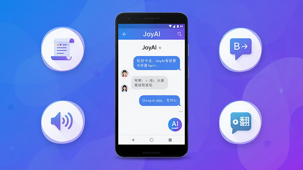 һ��չʾJoyAI��������ȫò�ĺ�������ͼ�������������һ����׿�ֻ����ֻ���Ļ�ڳ���JoyAI���ܶԻ����棬�����а�������������AI����ͼ�꣬�ֻ���Χ�����Ŵ���д�����ʴ�����������ļ�Լͼ�꣬���岼�־��жԳƣ��Ű�ɾ����䣬���Ϊ�ִ��Ƽ��б�ƽ�廭��ɫ�������Ͻ������ɫΪ����ϸ����ͻ������Ԫ�ص����������θУ����ʸ��壬����ɾ����޶���Ԫ�ء�