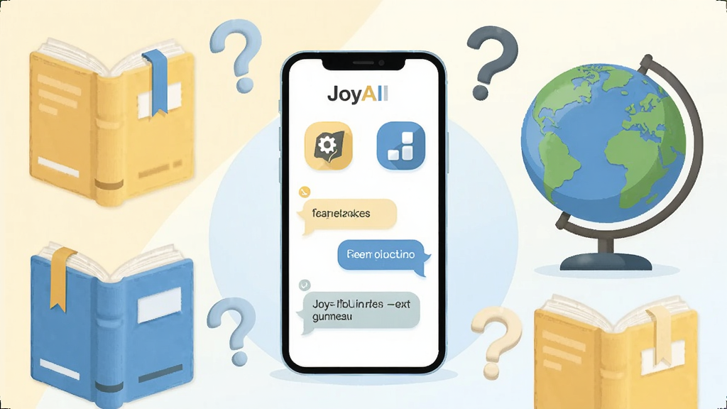 һ��չʾJoyAI֪ʶ�ʴ��ܵĲ廭����������Ϊһ���ֻ�����Ļ����ʾ���֪ʶ����ͼ�����ʴ�Ի����ֻ���Χ�������鼮�������ǡ��ʺŵ�Ԫ�أ����ֲ��û���ʽ���Ű����룬���Ϊ����֪ʶ�磬ɫ���Ե�����ǳ��Ϊ����ϸ�����鼮������ǩ���������������������ʸ��壬����ɾ����޶���Ԫ�ء�