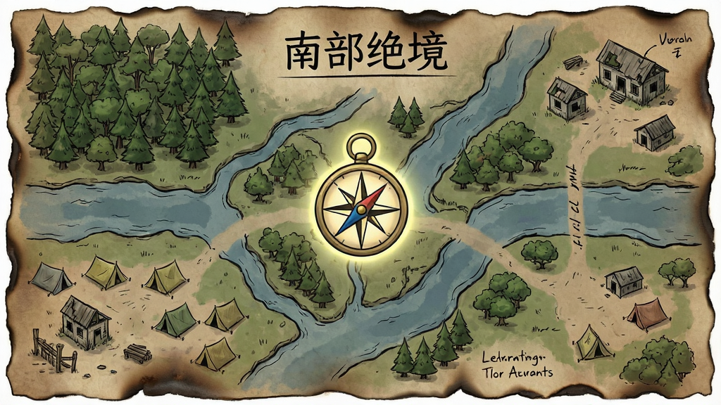 画面展示一张俯视角的沼泽地图,地图上标注了森林、河流、废弃房屋和营地等区域,中心位置放置一个发光的指南针图标,布局采用中心对称式排版,风格为复古手绘地图,细节包括纸张纹理、烧焦的边缘、手写标记,画质清晰,干净,无多余元素,画面中带有文字“南部绝境”