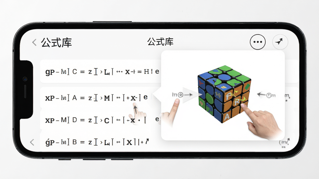 手机屏幕显示魔方Sub提速训练的公式库页面,列表中有多个公式条目,点击后弹出3D魔方动画演示,背景为白色简洁风格,布局清晰,细节包括公式字母标注、手指操作提示,画面干净,高清画质,图片中文字为“公式库”
