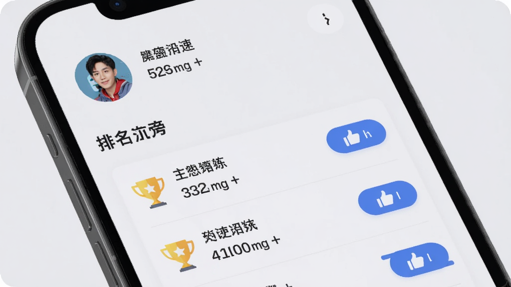 手机界面展示魔方Sub提速训练的社区排行榜,顶部有用户头像和排名,下方为成绩列表,背景为浅灰色,布局上下结构,风格现代社交感,细节包括奖杯图标、成绩数字、点赞按钮,画面干净,高清画质,图片中文字为“排行榜”