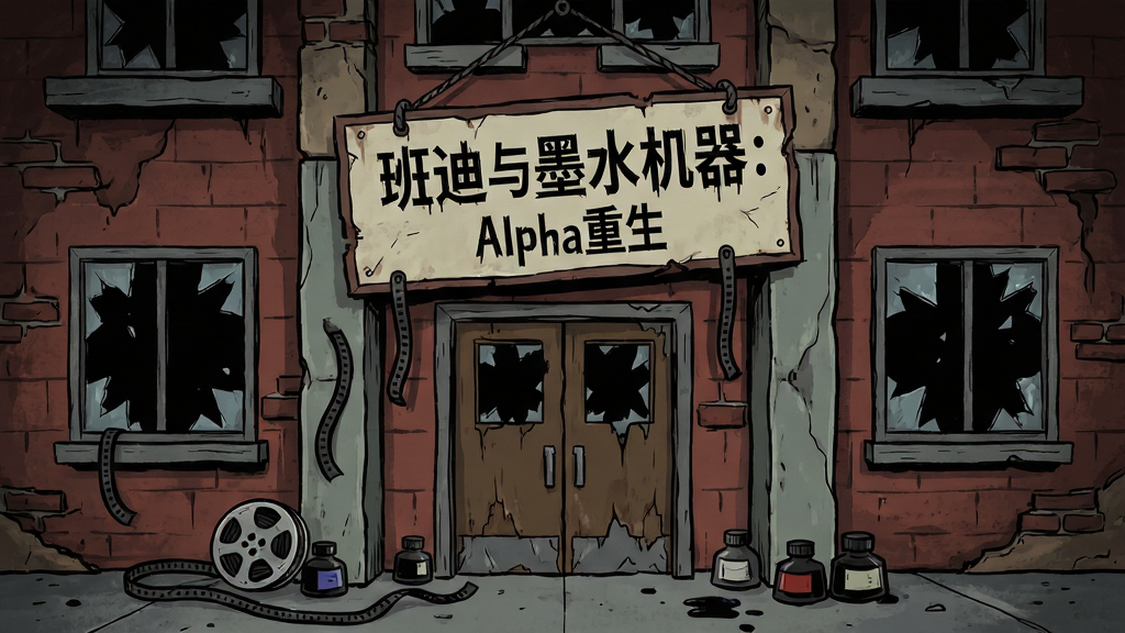 画面主体是一座废弃的动画工作室建筑外观,布局为画面中央正对建筑大门,大门上挂着破旧的“班迪与墨水机器:Alpha重生”招牌,排版采用竖版构图,风格为暗黑恐怖美式卡通风格,细节包括斑驳的砖墙、破碎的窗户、门口散落的动画胶片和墨水瓶,画质为高清2K,干净无多余元素