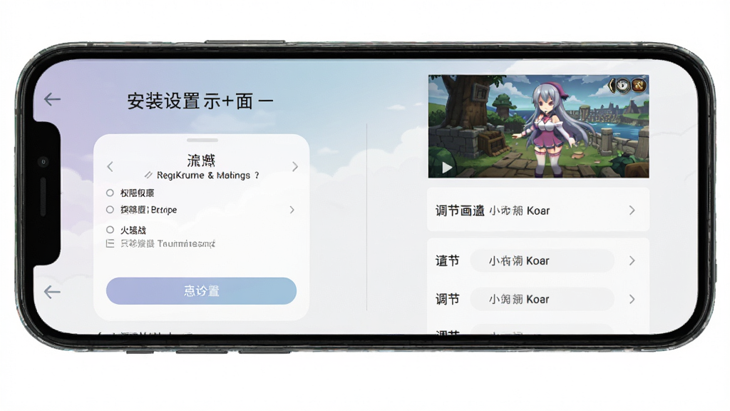 火战Kurumi版安装设置界面示意图,画面展示手机屏幕上的权限设置页面与游戏画质调节选项,界面简洁清晰,风格为扁平化UI设计,色彩柔和,画质高清,干净无多余元素