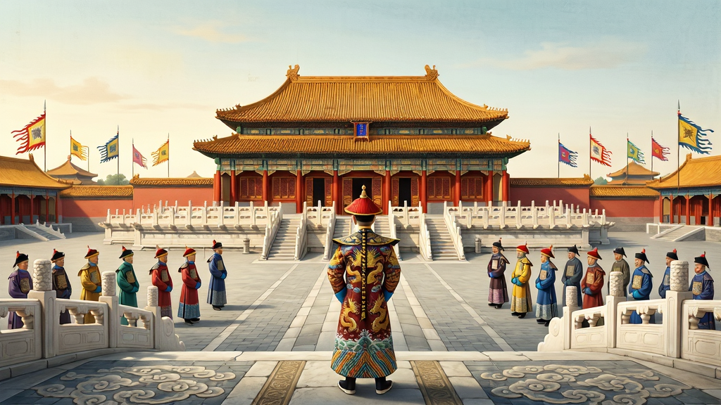 一幅气势恢宏的清朝宫廷全景图,画面中央是金碧辉煌的太和殿,殿前广场上站立着身着龙袍的皇帝背影,两侧排列文武百官,远处宫墙连绵、旌旗招展。画面采用中国古风工笔重彩风格,色彩以朱红、金黄、黛青为主,细节刻画宫殿飞檐、汉白玉栏杆、云纹地砖,光线明亮柔和,画质清晰干净,画面中无多余文字元素,整体构图庄重威严,突出“我在大清当皇帝”的帝王气派。