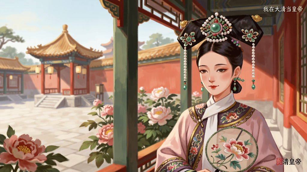 清朝后宫庭院场景,画面中一位身着旗装的妃嫔立于回廊之下,身后是盛开的牡丹与朱红宫墙,远处可见亭台楼阁与灯笼点缀。画面采用唯美古风插画风格,色调柔和粉润,细节表现旗头珠饰、团扇刺绣与庭院光影,画质细腻干净,画面中带“我在大清当皇帝”小字标识,构图优雅,突出后宫温婉氛围。