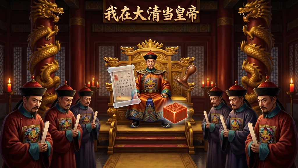 清朝金銮殿朝会场景,皇帝端坐龙椅之上,下方文武大臣分列两侧手持笏板,画面中央悬浮着半透明的奏折与官印图标,背景是巨大的蟠龙金柱。整体采用古风游戏UI风格,色调以暗红与鎏金为主,细节表现大臣服饰补子纹样与殿内烛火光影,画质精细干净,画面中可带少量“我在大清当皇帝”艺术字标题,构图对称庄重,突出权谋氛围。