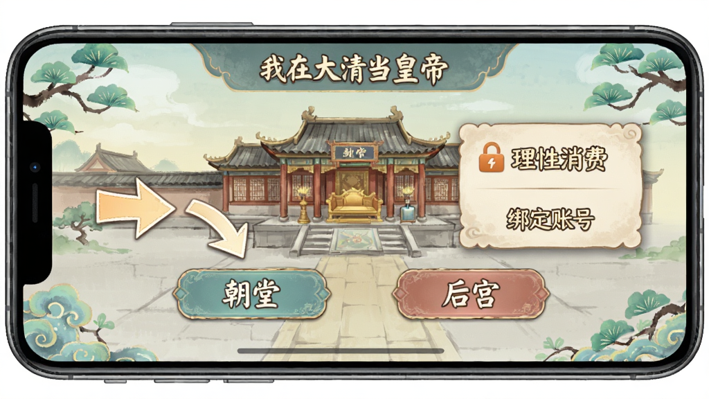 手机屏幕显示“我在大清当皇帝”游戏主界面,画面中有新手引导箭头指向“朝堂”与“后宫”按钮,旁边悬浮提示框写着“理性消费”与“绑定账号”,整体采用清新古风UI风格,色调柔和,画质清晰干净,画面中无多余元素,突出避坑提示氛围。
