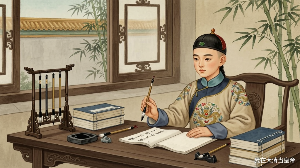清朝书房内皇子读书场景,一位少年皇子端坐书案前手持毛笔,案上摆放四书五经与文房四宝,窗外可见宫墙与翠竹。画面采用工笔淡彩风格,色调清雅,细节表现书页纹理、笔架造型与窗棂雕花,画质清晰干净,画面中带“我在大清当皇帝”小字水印,构图安静,突出培养氛围。