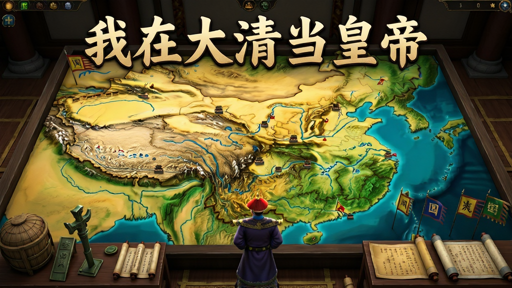 清朝疆域地图沙盘场景,画面中央是巨大的立体疆域沙盘,上面标注城池、山川与河流,沙盘周围摆放兵符、粮仓模型与奏折,皇帝立于沙盘前俯瞰全局。画面采用策略游戏UI风格,色调以土黄与青绿为主,细节表现地形起伏与城池旗帜,画质精细干净,画面中带“我在大清当皇帝”艺术字标题,构图大气,突出治国主题。
