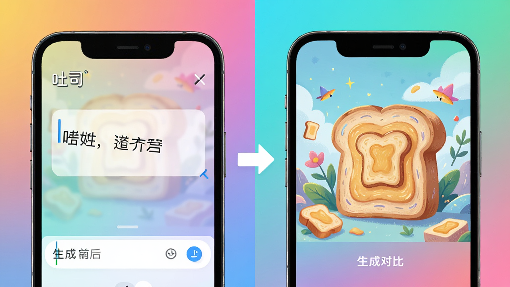 AI文字生图功能展示,主体为手机屏幕中文字输入框与生成的精美插画对比,布局为左侧输入文字右侧展示生成结果,排版左右分栏,风格为清新明亮科技风,细节包含
