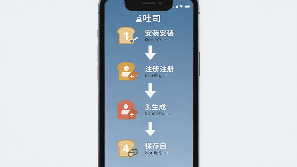 吐司软件操作步骤示意图,主体为手机屏幕中展示安装、注册、生成、保存四个步骤,布局为纵向流程图,排版从上到下,风格为简洁扁平化图标设计,细节包含