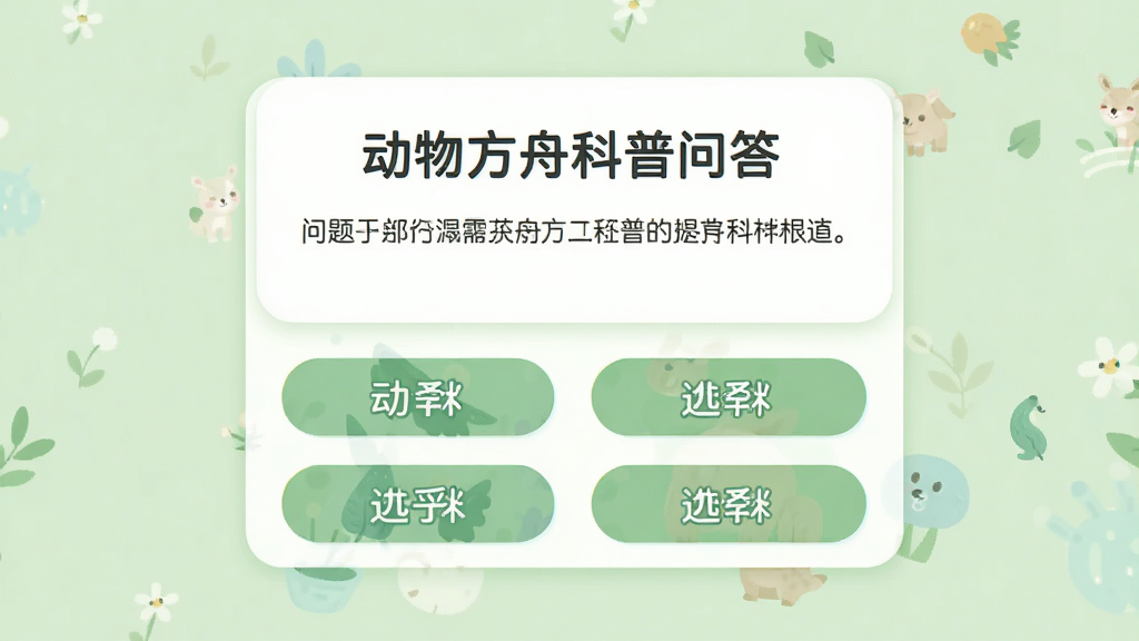 动物方舟科普问答界面,主体是问答卡片和四个选项按钮,布局居中,排版简洁,风格为清新简约,细节包括题目文字清晰、按钮有圆角设计、背景为淡绿色,画质干净,无多余元素