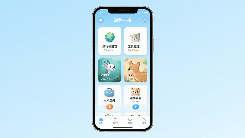 动物方舟移动端操作界面,主体是手机屏幕显示应用主页面,布局为竖屏展示,排版包含底部导航栏和内容卡片,风格为清新明快,细节包括图标清晰、文字可读、背景为淡蓝色渐变,画质高清干净,无多余元素