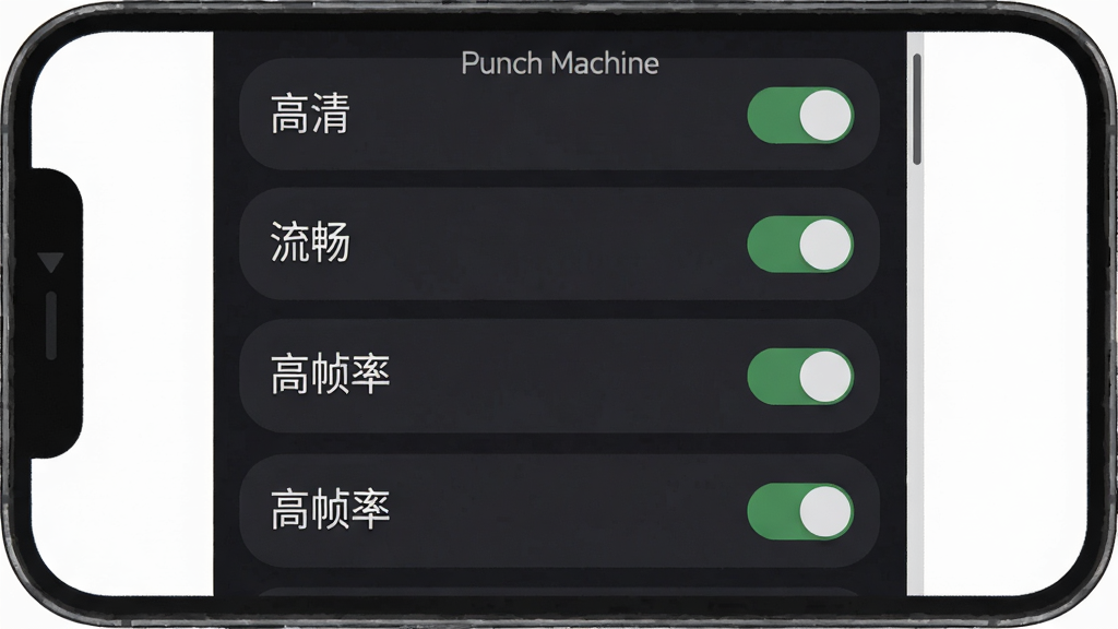 一幅手机游戏设置界面的插图,主体是画质调节和帧率选项的UI面板,布局为纵向列表,排版为每个选项右侧有开关按钮,风格为扁平化深色主题,细节包括