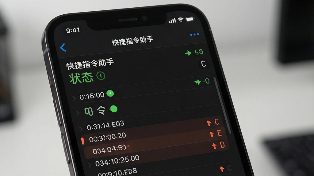 一张展示快捷指令助手实时日志与调试功能的图片,主体是手机屏幕显示执行日志列表,布局为上下结构,上方是指令名称与状态,下方是逐步执行记录,排版清晰,风格为深色主题的开发者风格界面,细节包括时间戳、状态图标、错误高亮标记,画面干净专业,画质高清,屏幕上可见“快捷指令助手”文字