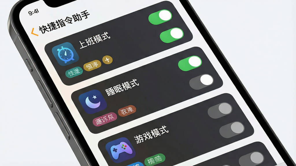 一幅展示快捷指令助手模板库功能的AI生图,主体是手机屏幕中呈现的指令模板列表界面,布局为纵向滚动式卡片排列,每张卡片上标注不同场景名称如“上班模式”“睡眠模式”“游戏模式”,排版整齐清晰,风格为清新简约的UI界面风格,细节包括卡片图标、开关按钮、彩色标签,画面干净无多余装饰,画质高清,屏幕中文字清晰显示“快捷指令助手”