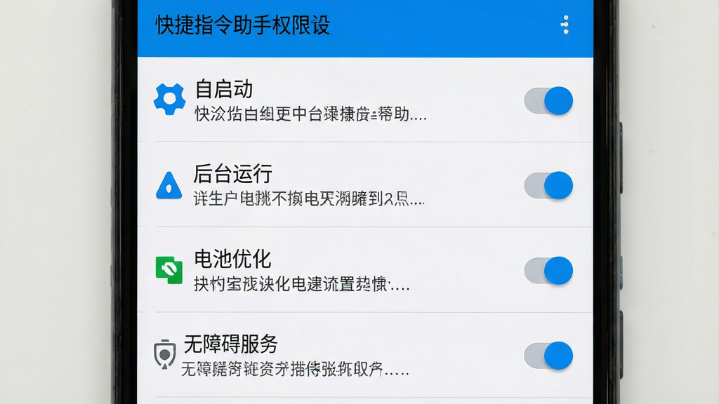 一张展示快捷指令助手权限设置界面的图片,主体是手机屏幕中的权限管理页面,布局为列表式排列,包含自启动、后台运行、电池优化、无障碍服务等选项,排版清晰,风格为安卓系统原生设置界面风格,细节包括开关按钮、权限说明文字、图标,画面干净整洁,画质高清,屏幕上方显示“快捷指令助手”