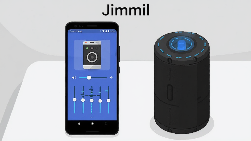 ��������չʾһ����׿�ֻ����ֻ���Ļ����ʾ��Jimmil App�������棬������������ͼ�ꡢ��������;��������������ֻ��Ҳ�ڷ�һ̨��ɫԲ�����������䣬���䶥������ɫ�����ƣ������Ǽ���ǳ��ɫ���棬������Ϊ��ƽ���Ƽ��廭��ϸ�����������ʸɾ����޶���Ԫ�أ�ͼƬ�Ϸ�������
