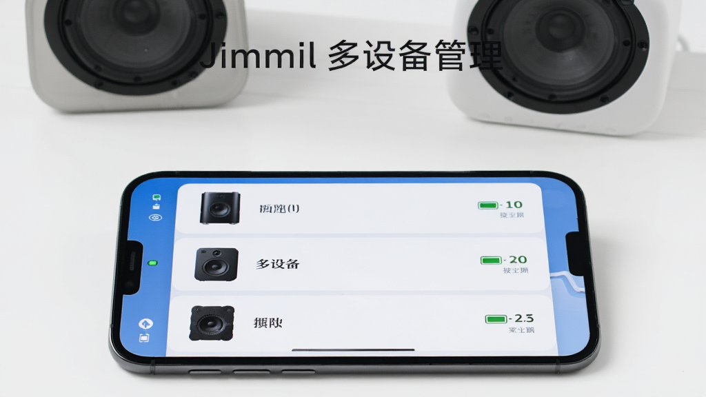һ���ֻ���Ļ��ʾJimmil App�Ķ��豸�����б����б�������̨��ͬ�ͺŵ�����ͼ������ƣ�ÿ̨�豸�Ҳ���ʾ����������״̬���ֻ�ƽ���ڰ�ɫ�����ϣ�����������̨����ʵ����Ϊ��������Ĳ�Ʒչʾͼ�������������ɾ��޶���Ԫ�أ�ͼƬ�д�������