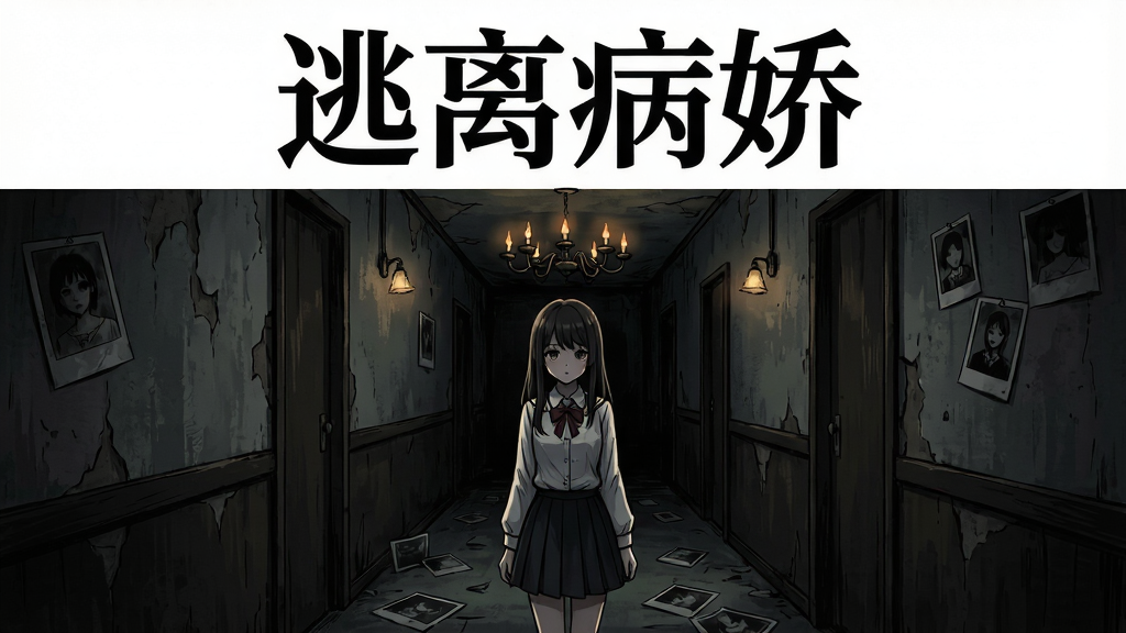 主体为一名动漫风格少女站在昏暗走廊尽头,布局采用中心对称构图,排版上方留白突出标题文字,风格为日系暗黑恐怖插画,细节包含斑驳墙面、闪烁吊灯、地面散落照片,画面中文字标注“逃离病娇”,画质4K超清干净无多余元素