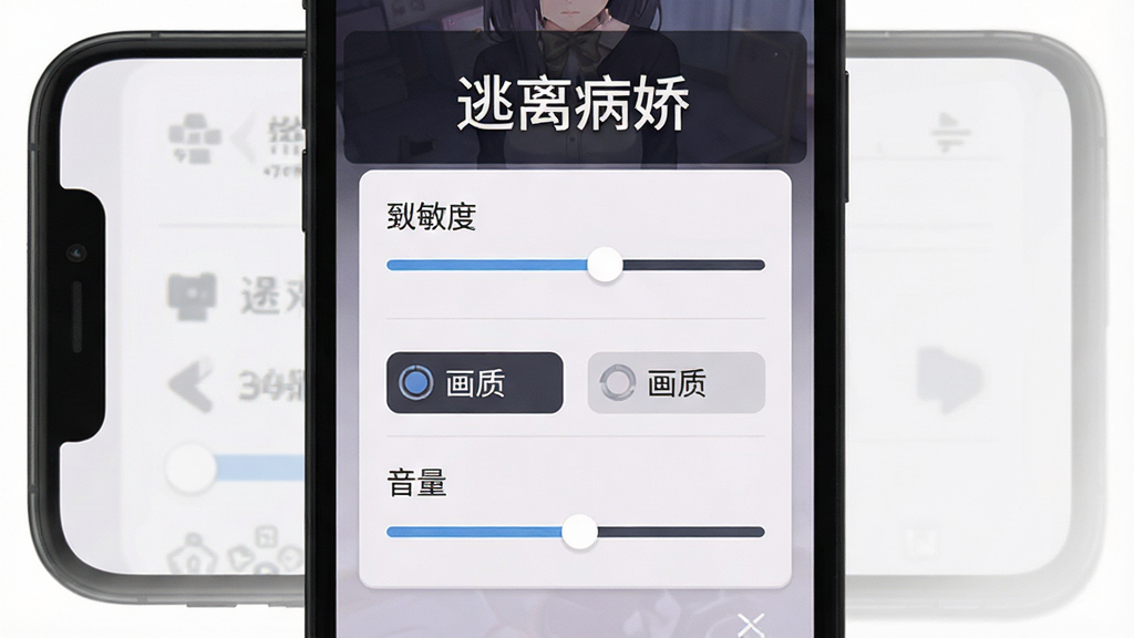 主体为手机屏幕显示逃离病娇游戏设置界面,布局采用居中排版,排版上方为标题下方为选项列表,风格为扁平化UI设计展示,细节包含灵敏度滑块、画质选项、音量调节条,画面中文字标注“逃离病娇”,画质清晰干净无多余元素