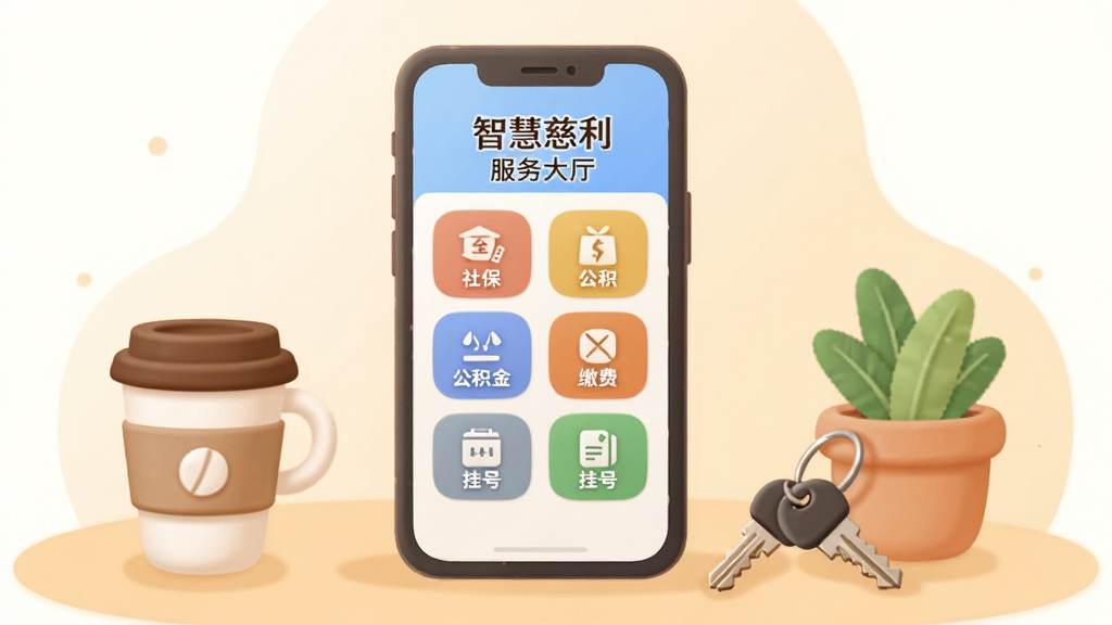 һ��չʾ�ֻ���������ܵĲ廭��������һ���ֻ��������ã���Ļ��ʾ���ǻ۴���������������棬���������籣�������𡢽ɷѡ��Һŵ������Ĺ��ܰ�ť���ֻ��Ա߷����Ŵ�����������Ԫ�أ��翧�ȱ���Կ�ס�С���ԣ����岼�ּ�࣬�������Բ�Ƿ��ɫ����ů�����������������޶���Ԫ�ء�