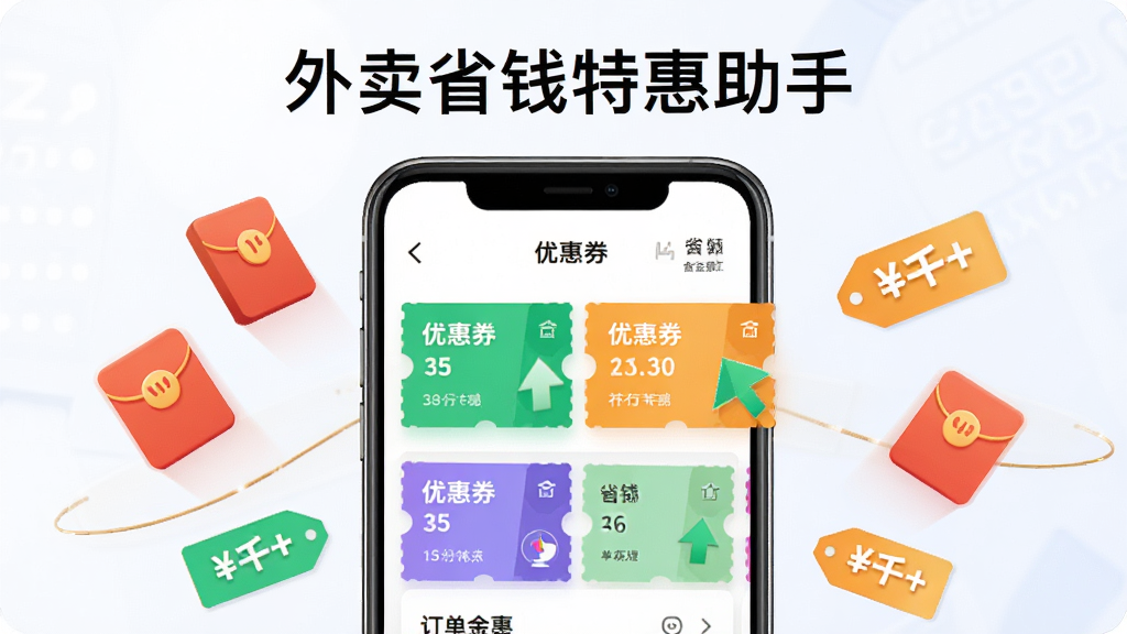 外卖省钱特惠助手软件主界面展示,画面中央放置一部智能手机,屏幕显示优惠券列表和外卖订单省钱金额对比,手机周围环绕红包图标和折扣标签,布局为上下结构上方软件名称下方功能展示,排版简洁清晰,风格为扁平化科技风,细节包括彩色优惠券卡片和绿色省钱箭头,画质高清,干净,无多余元素