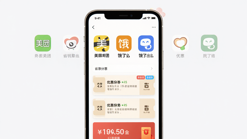 外卖省钱特惠助手多平台优惠聚合功能展示,画面主体为手机屏幕显示多个外卖平台图标并列排列,下方是优惠券列表和红包金额,布局为居中对称,排版采用卡片式分区,风格为现代简约,细节包括美团、饿了么等平台标识和彩色优惠标签,画质高清,干净,无多余元素