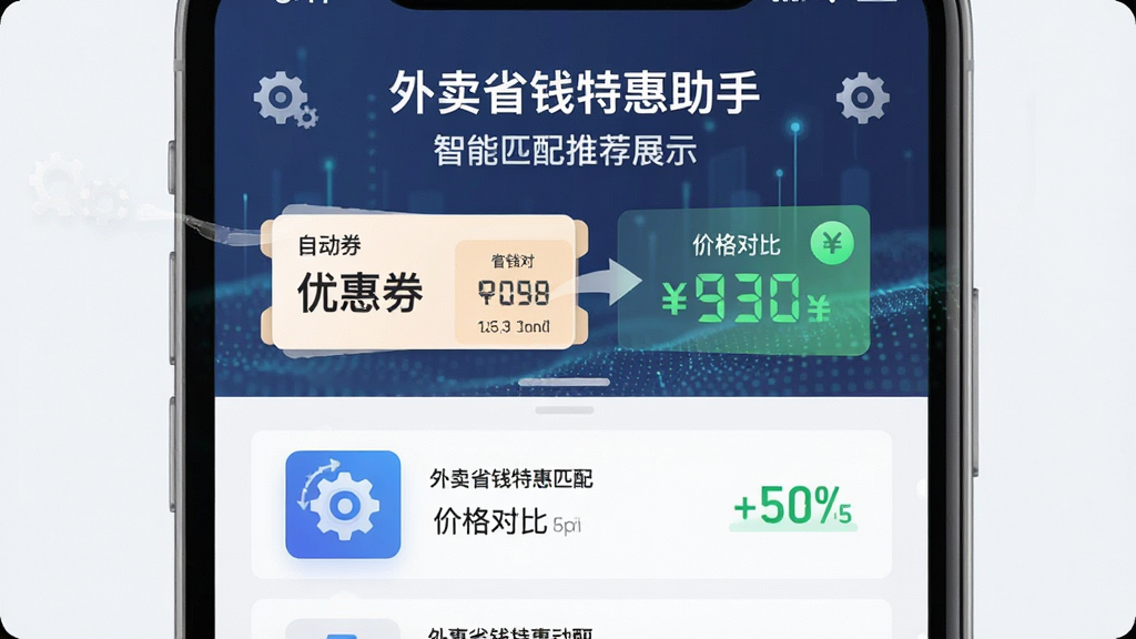 外卖省钱特惠助手智能匹配推荐功能展示,画面中央为手机屏幕显示智能推荐算法界面,屏幕上有优惠券自动匹配动画和价格对比数字,布局为上下结构上方标题下方推荐列表,排版清晰有序,风格为科技感扁平风,细节包括算法齿轮图标和绿色省钱数字,画质高清,干净,无多余元素