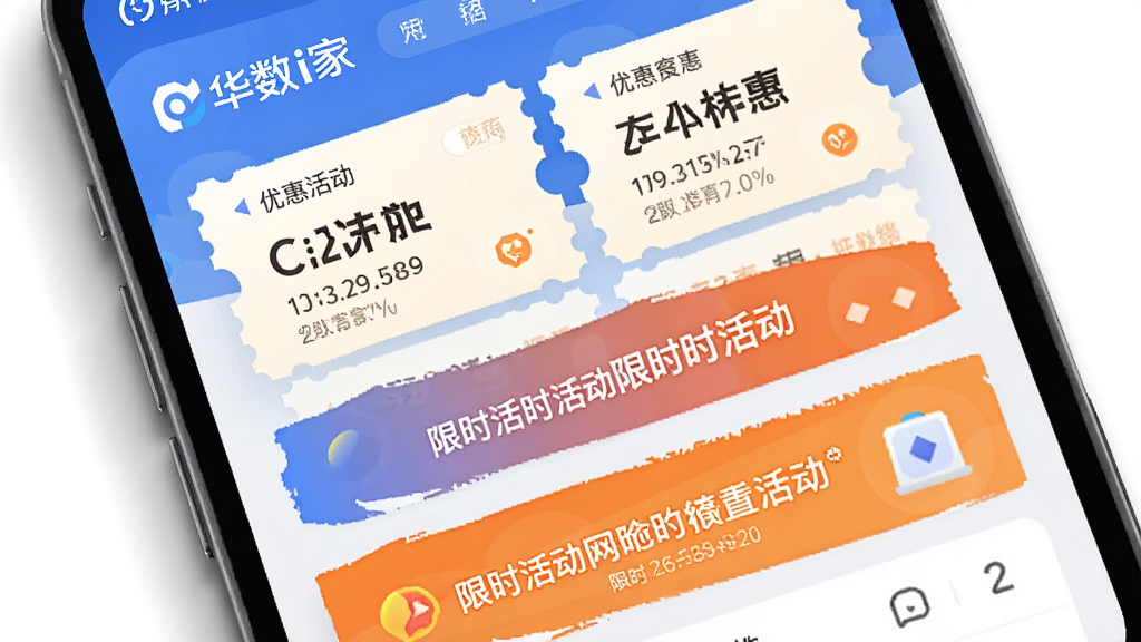 “华数i家”应用内优惠活动页面特写,页面展示多张优惠券卡片和限时活动横幅,配色以蓝色和橙色为主,界面清爽,手机屏幕边缘有轻微阴影,扁平化设计风格,高清画质,无杂乱元素