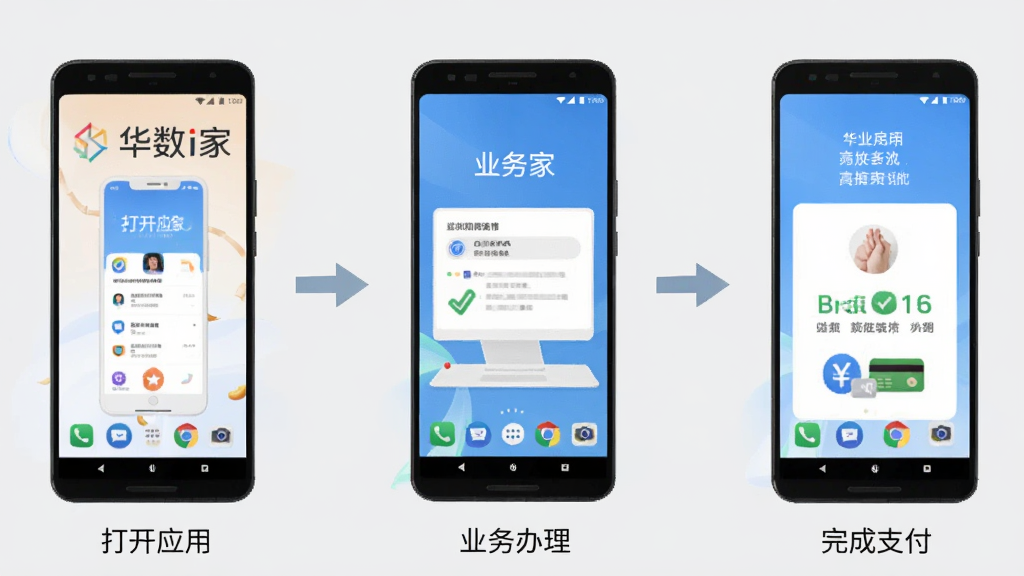 “华数i家”应用在手机上的操作流程图,画面分为三个步骤展示:打开应用、点击业务办理、完成支付,步骤之间用箭头连接,手机模型为安卓全面屏,背景为浅灰色,风格简洁明了,高清画质,无多余装饰