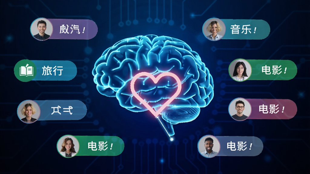 画面展示一个发光的数字大脑与爱心符号连接,周围环绕着用户头像与兴趣标签,标签上写有音乐、旅行、阅读、电影等字样,背景为深蓝色科技感渐变,风格简洁现代,画质清晰,主体突出,无杂乱元素。