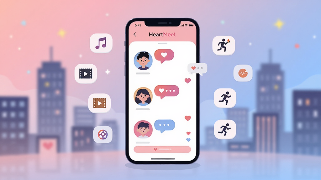 整体画面以柔和的粉蓝渐变为主色调,画面中央放置一部智能手机,手机屏幕显示HeartMeet的聊天匹配界面,界面中有多个卡通人物头像与爱心气泡元素,手机周围漂浮着代表兴趣标签的小图标如音乐、电影、运动等,背景是虚化的城市夜景与星光,整体风格清新温暖,采用扁平化插画风格,细节丰富且干净,画质高清,无多余文字元素。