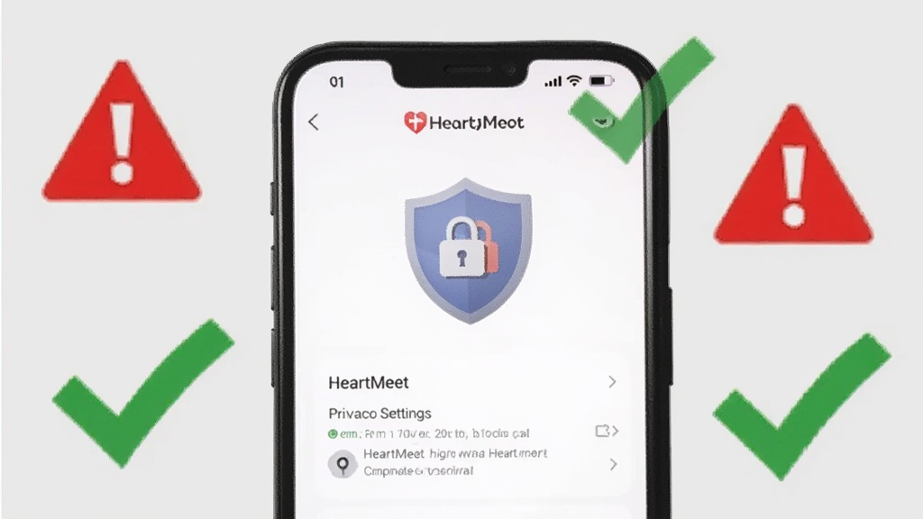 画面展示一部手机屏幕显示HeartMeet的隐私设置页面,旁边有盾牌与锁的图标,手机周围有红色警示标志与绿色对勾标志,背景为浅灰色,风格简洁清晰,画质干净,无多余文字。