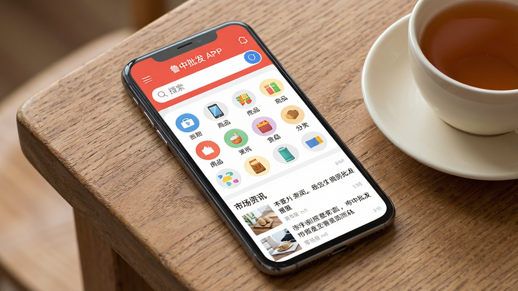 主体为一部智能手机放置在木质桌面上,屏幕上显示鲁中批发APP的首页界面,布局采用上下结构,上方为搜索栏,中间为商品分类图标网格,下方为市场资讯列表。排版简洁清晰,风格为现代扁平化设计,细节包括手机边缘的反光、桌面木纹纹理、旁边放着一杯茶。画质高清,干净,无多余元素
