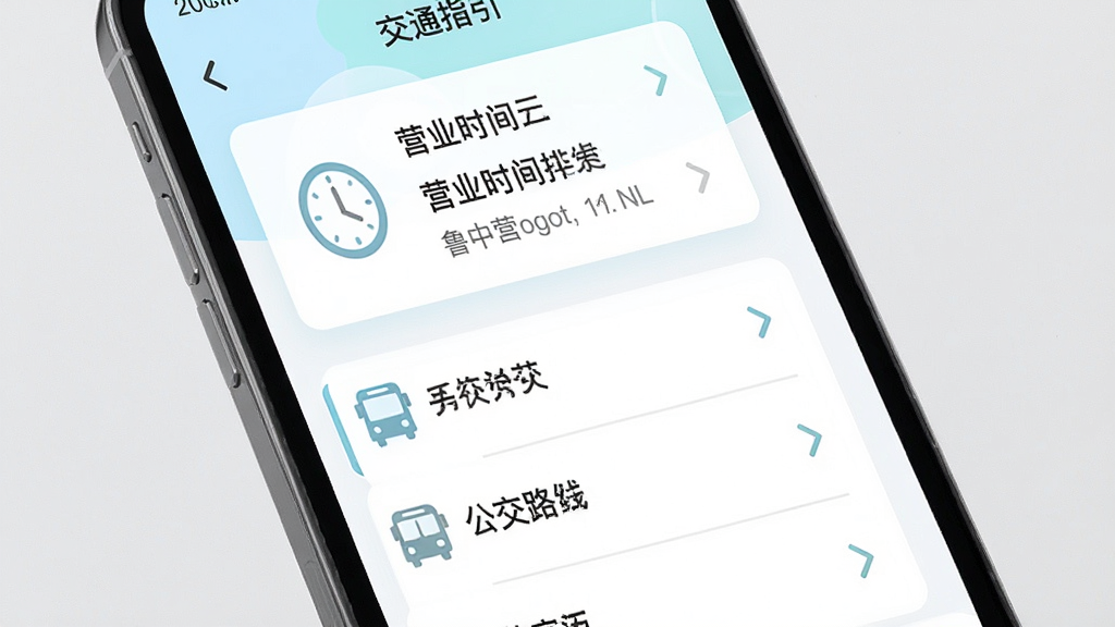 鲁中批发APP界面预览图,主体为手机屏幕显示营业时间与交通指引页面,布局采用卡片式上下排列,上方为营业时间信息框,下方为公交路线列表。风格为清新浅色系,细节包括时间图标、公交车图标、箭头指示。画质高清,干净,无多余元素