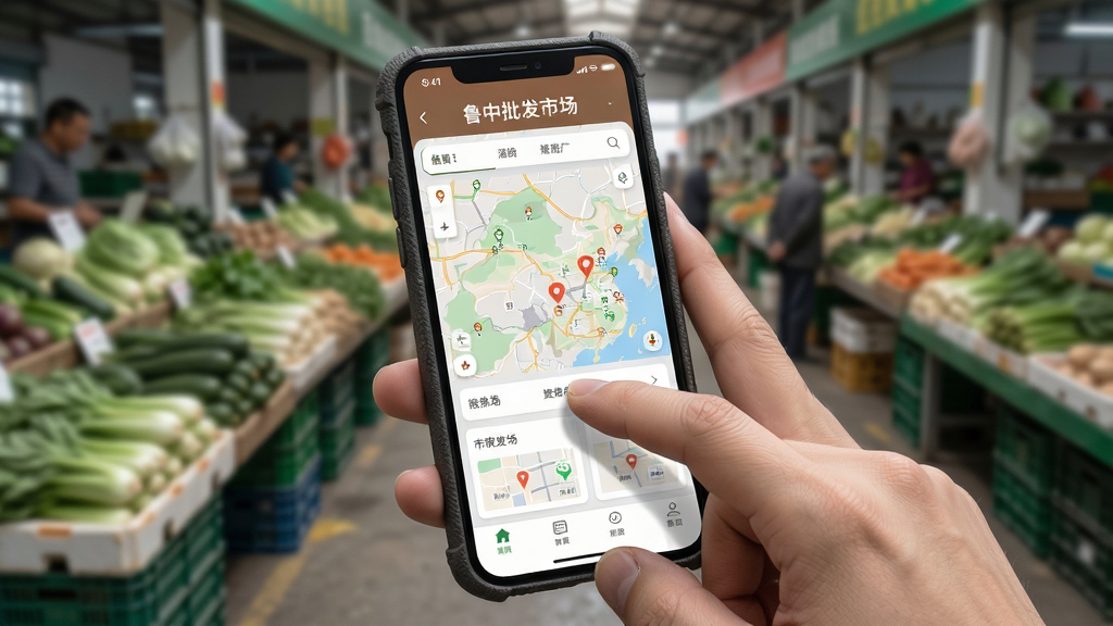 鲁中批发APP移动端操作示意图,主体为一只手拿着手机,屏幕显示鲁中批发市场地图页面,布局为手持手机特写,背景为模糊的市场场景。风格为生活化写实,细节包括手指点击屏幕的动作、手机壳纹理、背景中隐约可见的蔬菜摊位。画质高清,干净,无多余元素
