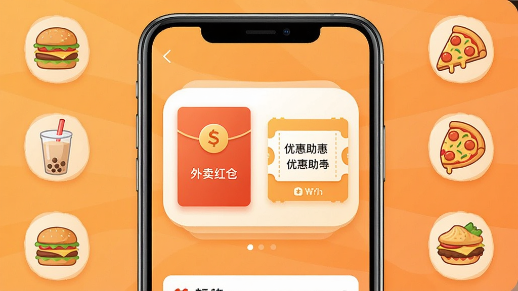 一张手机屏幕展示外卖省钱特惠助手应用主界面,界面中央是醒目的外卖红包和优惠券图标,背景为暖橙色调,周围环绕着汉堡、奶茶、披萨等美食小图标,整体风格简洁明快,布局清晰,画面干净无多余元素,高清画质,适合作为软件下载站预览图