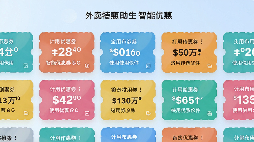 一张展示外卖省钱特惠助手智能优惠券聚合功能的界面截图,画面中多个彩色优惠券卡片整齐排列,每张卡片上标注着不同的折扣金额和使用条件,背景为淡蓝色渐变,布局简洁有序,风格现代清爽,细节清晰,画质干净无多余元素